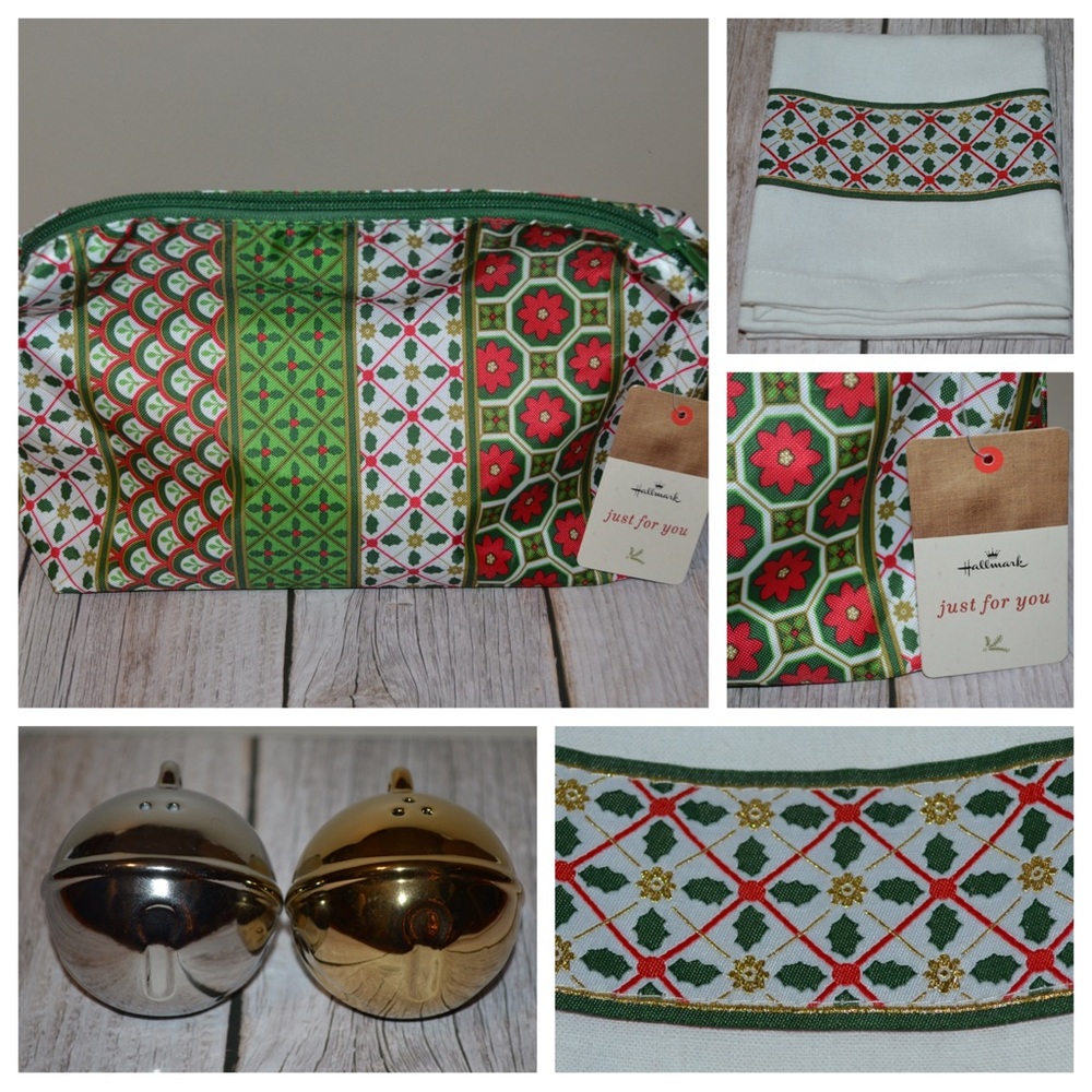 Hallmark Christmas ornament salt & pepper set w/ storage bag & tea towel - NWT